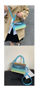 Detail of bohemian gradient woven crossbody bag with vibrant blue knotted handles