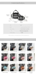 Detailed sizing chart and color swatches for football-shaped PU crossbody bag with chain
