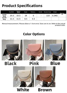 Tableau des tailles détaillé pour sac à bandoulière avec dimensions et cinq couleurs