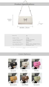 Detailed dimension guide and specifications for the bow-decorated PU leather shoulder bag