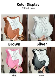 Vue détaillée des sacs bandoulière en forme de guitare en marron, argent, rose et noir