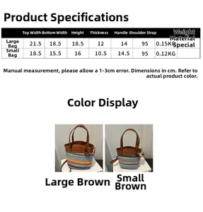 Size comparison of large and small woven bucket bags with dimensions and strap details