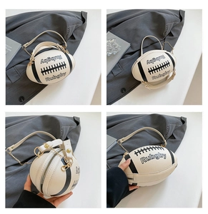 Detailed views of the cream-colored rugby-shaped crossbody bag with gold chain strap
