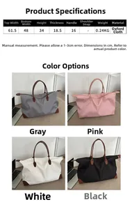 Especificaciones y opciones de color para bolsa de viaje grande de tela Oxford