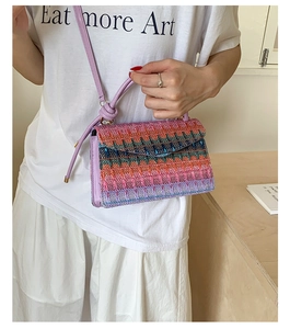 Detail of colorful woven straw rainbow bag with purple strap and gold hardware