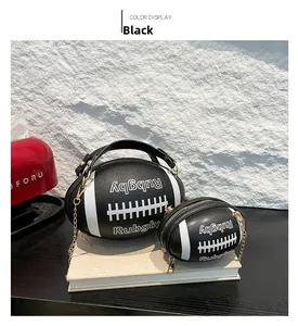 Detail view of black rugby-shaped PU leather crossbody bags with golden chains