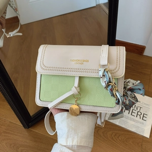 Chic two-tone crossbody bag with light green lychee texture and decorative silk scarf