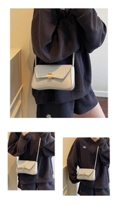 Detailed view of silver sequin flap and gold metallic buckle on minimalist bag