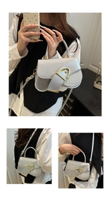Three views of silver textured saddle bag showing gold buckle and detachable strap details