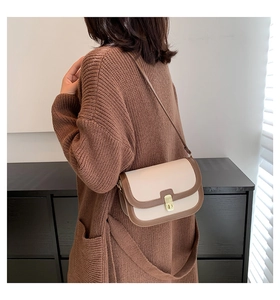 Gros plan sur un sac bandoulière beige et marron avec un fermoir carré en métal doré