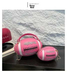 Rose red rugby shaped handbag set with gold chain and matching small coin purse