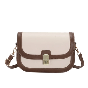 Sac bandoulière vintage crème et marron avec fermoir tournant doré élégant en cuir PU