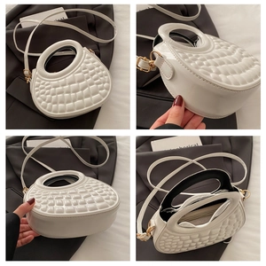 Close-up multi-view detail of a white quilted PU leather handbag with circular handle