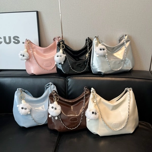 Shiny PU Leather Hobo Bag For Women Large Capacity Shoulder Bag With Silver Chain And Plush Pendant Chic Trendy