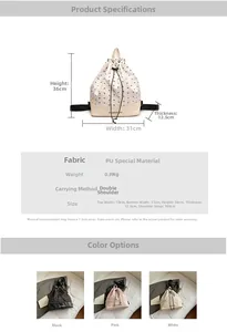Size chart showing dimensions for a bow-knot backpack in black, pink, and white colors