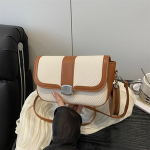 Minimalist beige woven square crossbody bag with brown leather trim and round coin purse