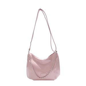 Pink glossy tote bag with silver chain detail and adjustable strap for women