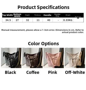 Detailed size chart and four-color display of the studded PU tote bag with bow detail