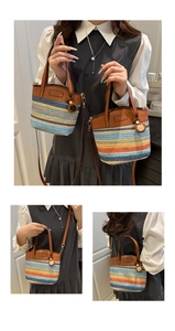 Detail of colorful striped woven crossbody bag with brown leather trim and golden hardware