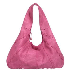 Large rose pink hobo shoulder bag with layered leather panels and wide strap
