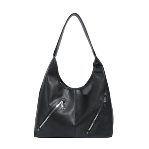 Large black pebbled leather tote bag with stylish silver zipper details and wide strap