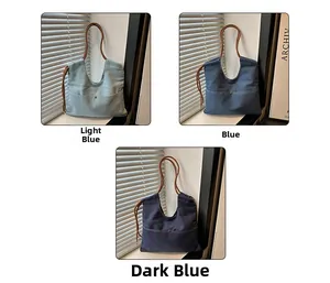 Detailed comparison of denim tote bags in light blue, blue, and dark blue options