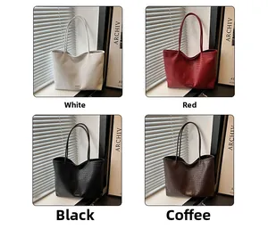 Detailed comparison of minimalist tote bags in white, red, black and coffee woven texture