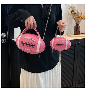 Detailed comparison of large and small pink rugby-shaped purses with gold chain straps