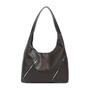 Deep coffee brown leather tote bag with lychee texture and dual silver zipper details