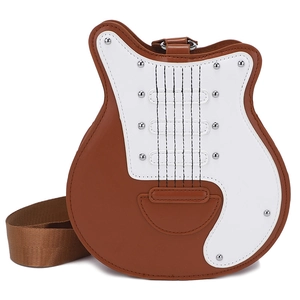 Sac bandoulière créatif en forme de guitare avec large sangle en marron et blanc