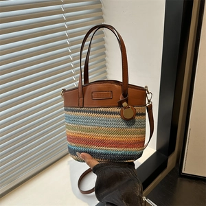 Bohemian colorful striped woven bucket bag with brown leather handle and shoulder strap