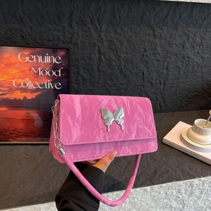 Fashion Women PU Pleated Shoulder Bag Silver Butterfly Decoration Metal Chain Simple Square Crossbody Bag Underarm Purse