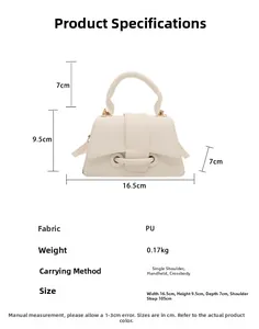 Detailed view showing dimensions for small cream PU leather crossbody trapezoid bag