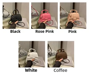 Mini crossbody bags in five colors showing litchi grain texture and adjustable strap