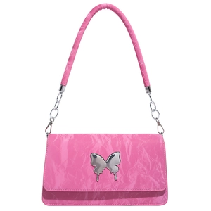 Pink pleated leather crossbody bag with silver butterfly emblem and metal chain strap