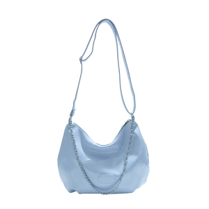 Minimalist light blue faux leather tote bag with silver chain and adjustable shoulder strap