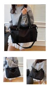 Multi-angle shots of a large black waterproof gym bag for women, ideal for travel and yoga.