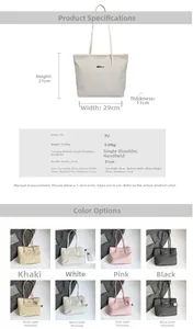 Diagramma tecnico con dimensioni e quattro varianti di colore per la borsa shopper in PU