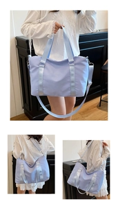 Detailed views of a light blue waterproof yoga gym bag carried by a model.