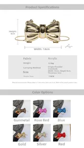 Size chart for acrylic bow evening bag with dimensions and six metallic color options
