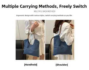 Detailed comparison of denim tote bag showing both handbag and shoulder bag styling views