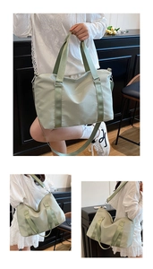 Large capacity waterproof sage green yoga gym bag for women shown from multiple angles