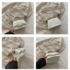 Multi-angle views of a white lychee grain leather mini bag with gold metal hardware