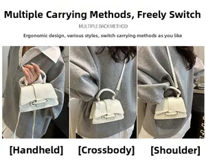 Mini white textured leather crossbody bag showing handheld and shoulder carrying styles