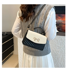 Detail of elegant two-tone crossbody bag with gold bow clasp worn by a model