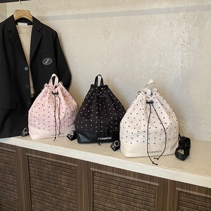 Fashion Backpack Women Drawstring Bucket Bag Large Capacity Bow Tie Print PU Leather Textured Fabric Sweet School