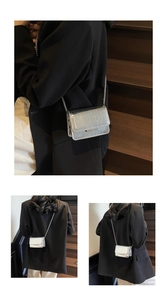 Macro detail of silver crocodile embossed mini crossbody bag with sleek metal chain strap