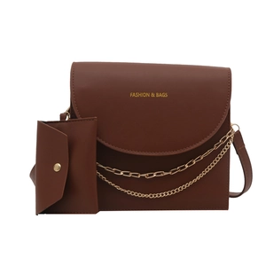 Classic dark brown PU shoulder bag with gold chain and matching mini coin purse set