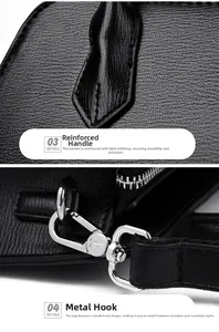 Detail showing reinforced stitching on leather handle and silver metal strap hooks