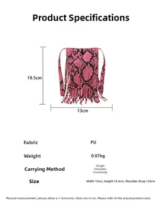 Pink snake-skin PU crossbody bag size 13x19.5cm showing precise dimensions and weight